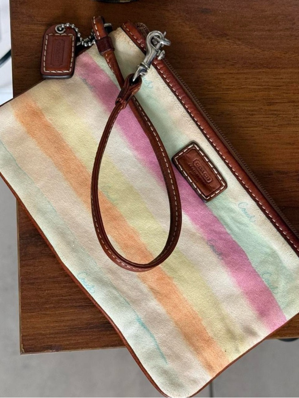 Coach Multicolor Pastel Striped Canvas Wristlet with Brown Leather Trim